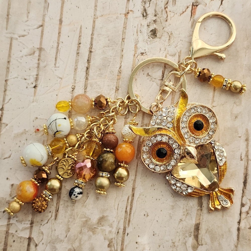 Rhinestone Owl Purse Charm or Keychain Glass Agate Granite Handcrafted